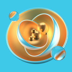 Abstract turquoise background with balls, metal, gold. 3d illustration, 3d rendering.