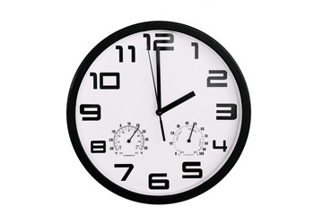 simple classic black and white round wall clock isolated on white. Clock with arabic numerals on wall shows 14:00 , 2:00