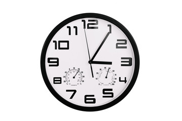 simple classic black and white round wall clock isolated on white. Clock with arabic numerals on wall shows 15:05 , 3:00