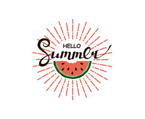 emblem of hello summer lettering with watermelon isolated on white background
