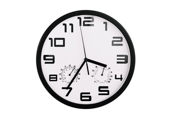 simple classic black and white round wall clock isolated on white. Clock with arabic numerals on wall shows 15:35 , 3:35