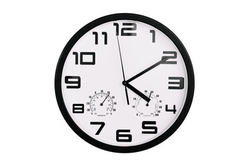 simple classic black and white round wall clock isolated on white. Clock with arabic numerals on wall shows 16:10 , 4:10