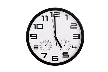 simple classic black and white round wall clock isolated on white. Clock with arabic numerals on...