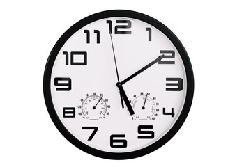 simple classic black and white round wall clock isolated on white. Clock with arabic numerals on wall shows 17:10 , 5:10