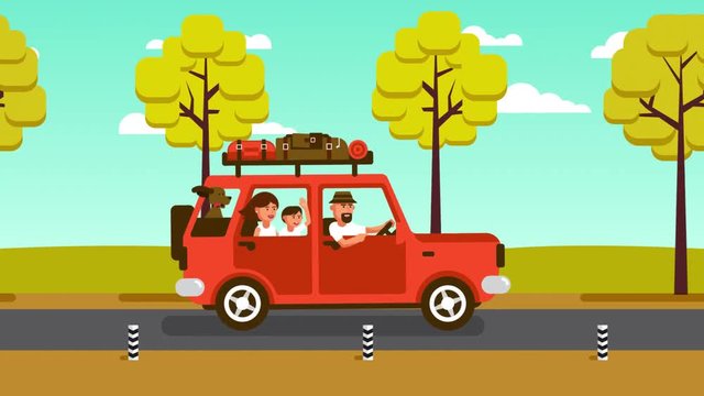 Car with family and luggage travels on a suburban highway. Cartoon animation