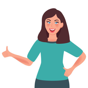 Positive girl shows finger up. Gestures and facial expressions. Vector illustration of people's emotions