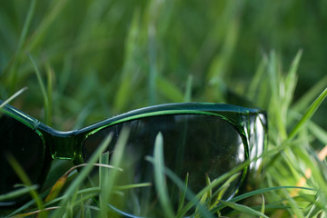 Pair of sunglasses in summer meadow