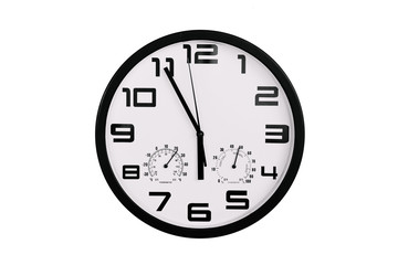 simple classic black and white round wall clock isolated on white. Clock with arabic numerals on...