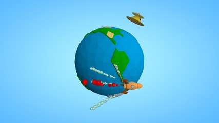 Image of the planet Earth and a space satellite, the ISS orbital station, and a space rocket flying to Mars reusable. The idea of space development and space exploration. Low poly style.
