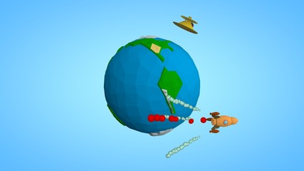 Naklejka premium Image of the planet Earth and a space satellite, the ISS orbital station, and a space rocket flying to Mars reusable. The idea of space development and space exploration. Low poly style.