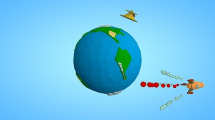 Naklejka premium Image of the planet Earth and a space satellite, the ISS orbital station, and a space rocket flying to Mars reusable. The idea of space development and space exploration. Low poly style.