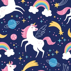 Wall murals Unicorn Unicorn pattern. Vector seamless pattern with white unicorns, rainbow and stars. Isolated on dark blue background.
