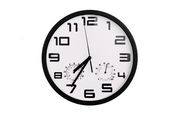 simple classic black and white round wall clock isolated on white. Clock with arabic numerals on wall shows 19:35 , 7:35