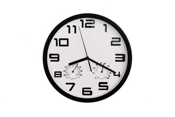 simple classic black and white round wall clock isolated on white. Clock with arabic numerals on wall shows 20:20 , 8:20