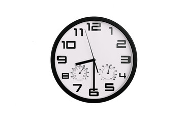 Fototapeta premium simple classic black and white round wall clock isolated on white. Clock with arabic numerals on wall shows 20:30 , 8:30