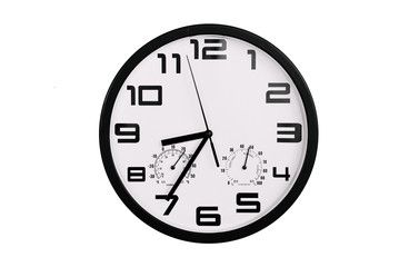 simple classic black and white round wall clock isolated on white. Clock with arabic numerals on wall shows 20:35 , 8:35