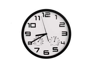 simple classic black and white round wall clock isolated on white. Clock with arabic numerals on wall shows 20:40 , 8:40