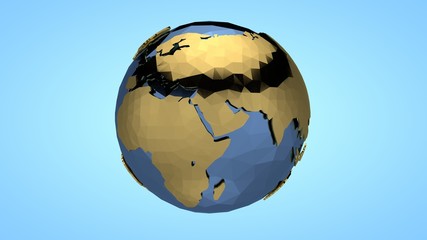 Polygonal illustration of planet earth in the style of low poly. Continents and oceans of gold and metal. The idea of ecology, environmental protection.