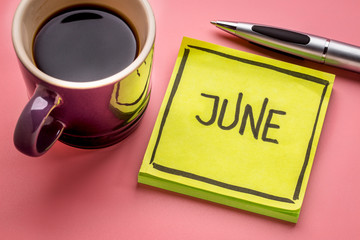 June text on sticky note with coffee
