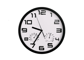 simple classic black and white round wall clock isolated on white. Clock with arabic numerals on wall shows 9:35 , 21:35