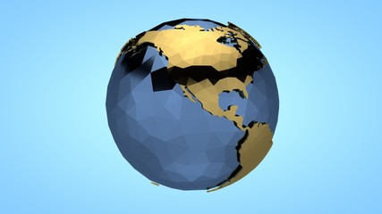 Polygonal illustration of planet earth in the style of low poly. Continents and oceans of gold and metal. The idea of ecology, environmental protection.