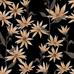 Botanical seamless pattern with flowers on stems with leaves and buds. Floral illustration drawn by color pencils. Delicate backdrop for textile, fabric, wallpaper and surface,