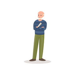 Cute bald senior man with green pants and fresh newspaper