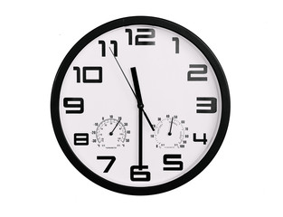 simple classic black and white round wall clock isolated on white. Clock with arabic numerals on...