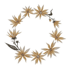 Obraz premium Floral round frame made of pencil painted abstract flowers and petals. Hand drawn botanical Illustration Isolated on White. For wedding invitation, greeting card, poster, postcard.