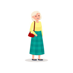 Cute smiling old woman with red hand bag