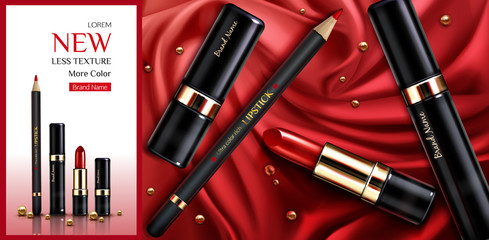 Lipstick cosmetics make up beauty product ad banner. Rouge and lip liner pencil on red silk draped fabric background with gold pearls. Luxury promo poster template for magazine, realistic 3d vector