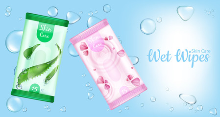 Wet wipes for skin care packages mockup, moistened cosmetic napkins product on blue background with water drops. Aloe vera and flower petals packing design. Realistic 3d vector illustration, ad banner - obrazy, fototapety, plakaty