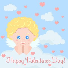 Greeting card with cute romantic cupid boy lying on a cloud with hearts and clouds on blue heaven background. Happy Valentines Day. Vector illusttation in cartoon flat style.