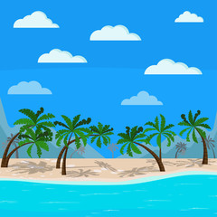 Fototapeta na wymiar Beautiful mountains and sea landscape: blue ocean, palm trees, clouds, sand coastline. Vector background illustration of exotic tropical seascape in flat cartoon style. Summer beach backdrop banner.