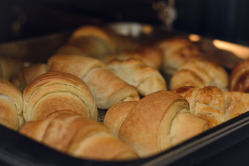 croissants from the oven. Cooking croissants and buns in the oven