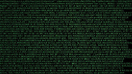 A wall made of thick obfuscated source code (computer program instructions), green characters over a black screen, old terminal style. - obrazy, fototapety, plakaty