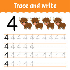 Trace and write. Handwriting practice. Learning numbers for kids. Education developing worksheet. Activity page. Game for toddlers and preschoolers. Isolated vector illustration in cute cartoon style.