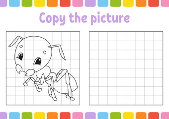 Copy the picture. Coloring book pages for kids. Education developing worksheet. Game for children. Handwriting practice. Funny character. Cute cartoon vector illustration.