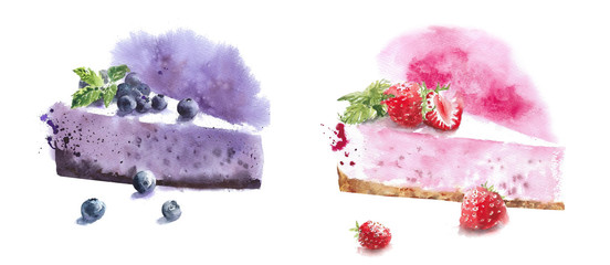 Cheesecake slice strawberry blueberry cheesecake dessert sweets watercolor painting illustration isolated on white background - 268014643