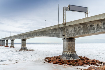 The Confederation Bridge linking Prince Edward Island to mainland New Brunswick, Canada.  View from the New Brunswick side.