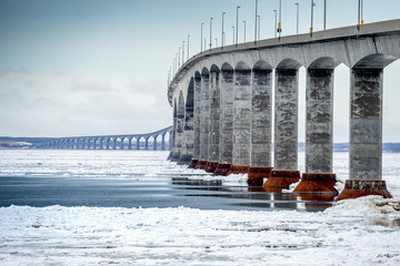 The Confederation Bridge linking Prince Edward Island to mainland New Brunswick, Canada.  View from...