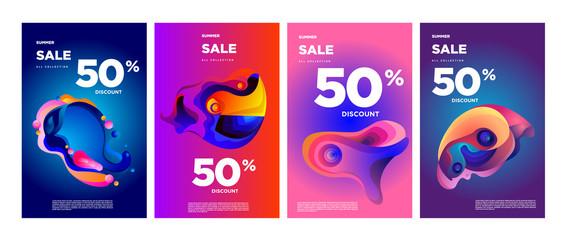 Vector summer sale 50% discount with fluid colorful background. Summer banner, website, poster, and sales promotion background set.