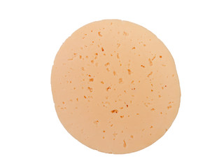 Piece of cheese with holes of round shape isolated on a white background