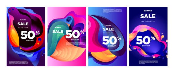 Vector summer sale 50% discount with fluid colorful background. Summer banner, website, poster, and sales promotion background set.