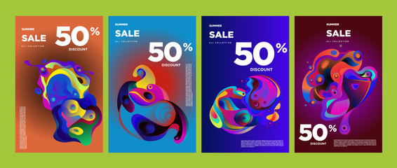 Vector summer sale 50% discount with fluid colorful background. Summer banner, website, poster, and sales promotion background set.