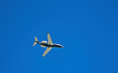 A Blue and White Passenger Jet from Below Under Blue Skies