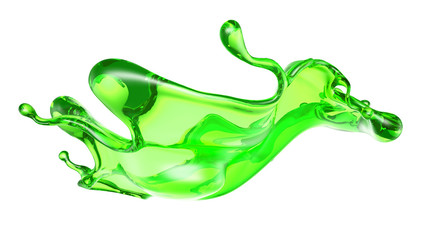 Splash of transparent liquid of a green color on a white background. 3d illustration, 3d rendering.