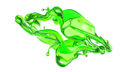 Splash of transparent liquid of a green color on a white background. 3d illustration, 3d rendering.