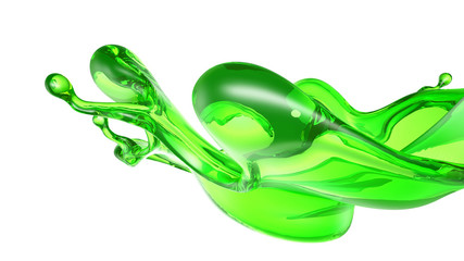 Splash of transparent liquid of a green color on a white background. 3d illustration, 3d rendering.