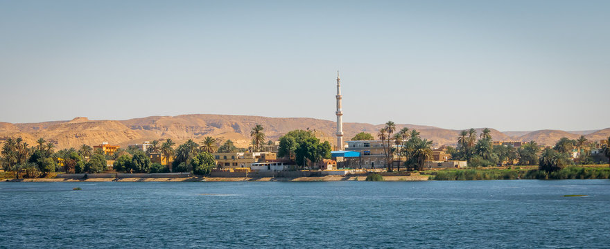 Buildings, houses and mosques on the banks of the Nile river. Egypt